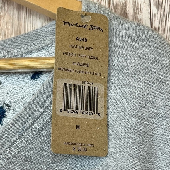 Michael Stars Reversible V-Neck Ruffle Cuff French Terry Floral Top Size M Women - Picture 10 of 11